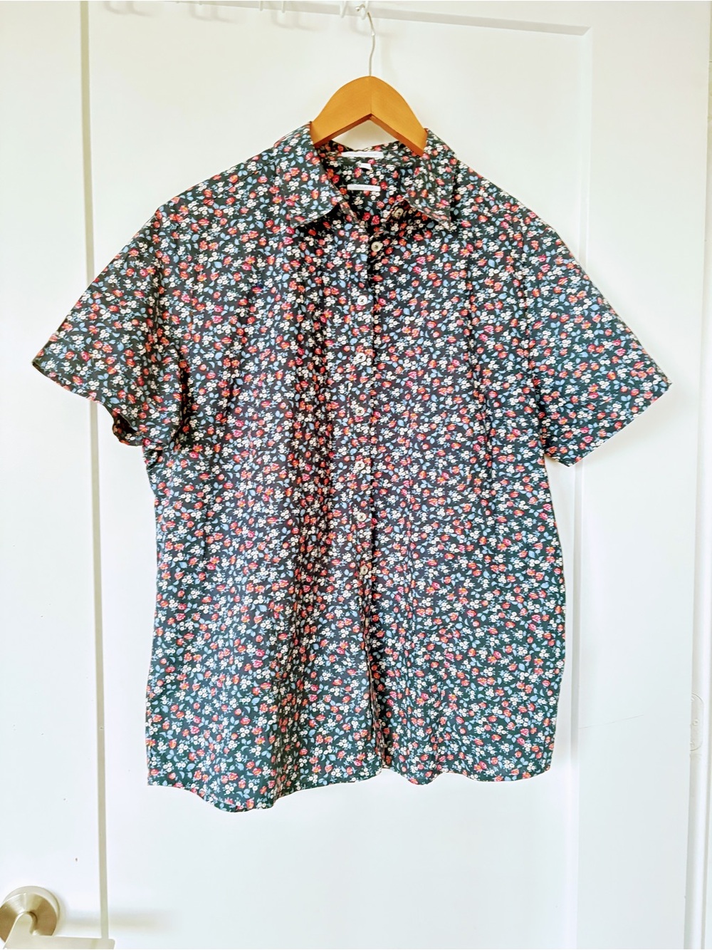 Floral Short-Sleeve Button-Up Shirt - Black with Red & White Flowers